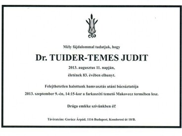 Végső búcsú dr. Temes Judittól