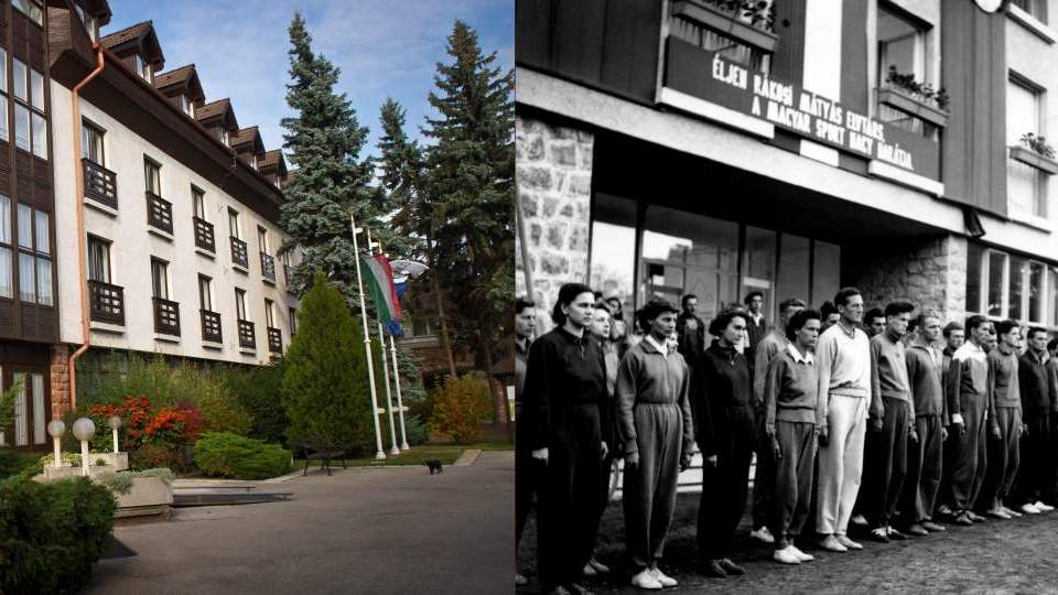 A kombóképen jobbra 1951. július 2-án készült fotó a tatai olimpiai edzőtábor hivatalos átadási ünnepségéről. Balra az edzőtábor főépülete 2011. október 27-én.